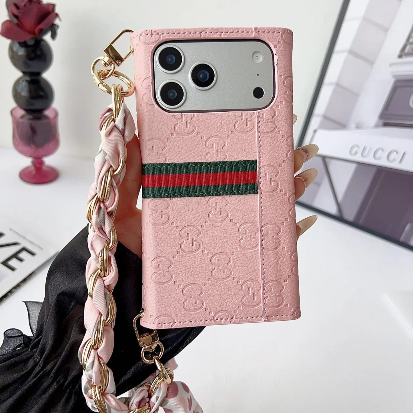 Luxury GG Plain Leather Crossbody Wallet Case For iPhone 13-17