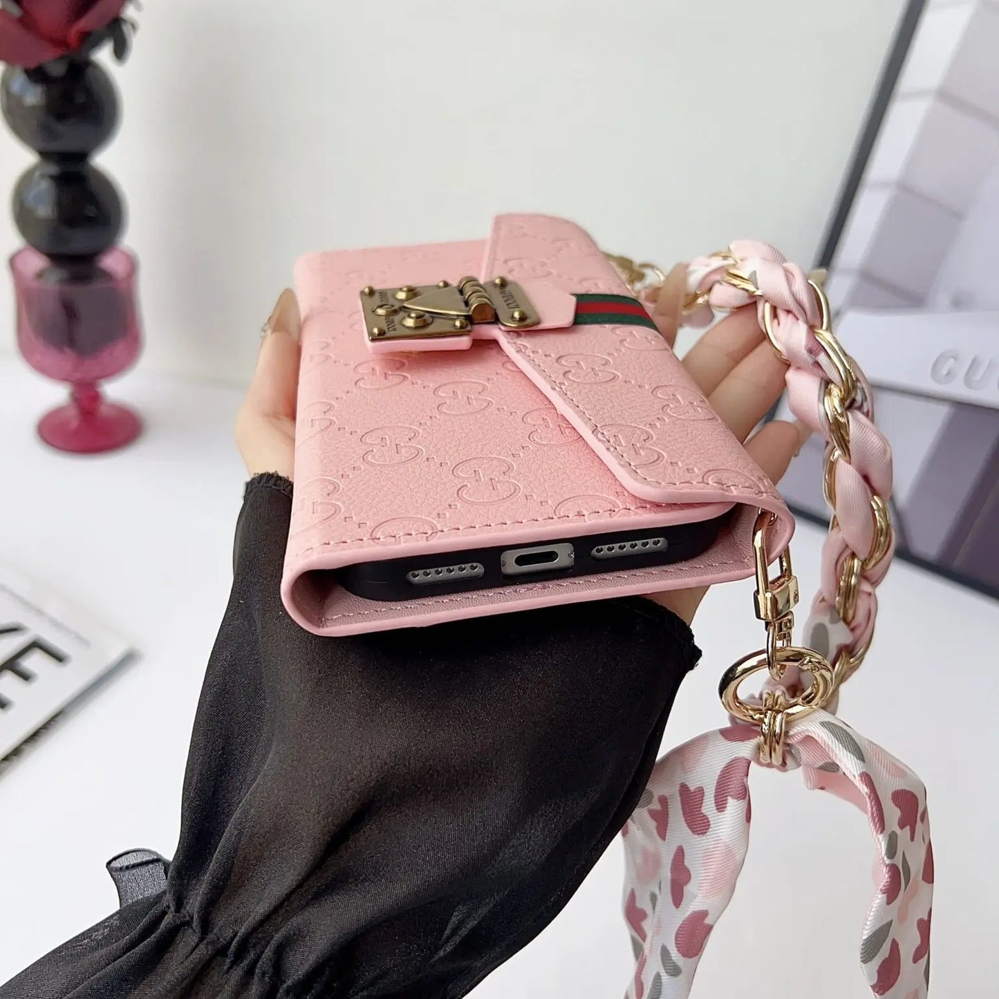 Luxury GG Plain Leather Crossbody Wallet Case For iPhone 13-17