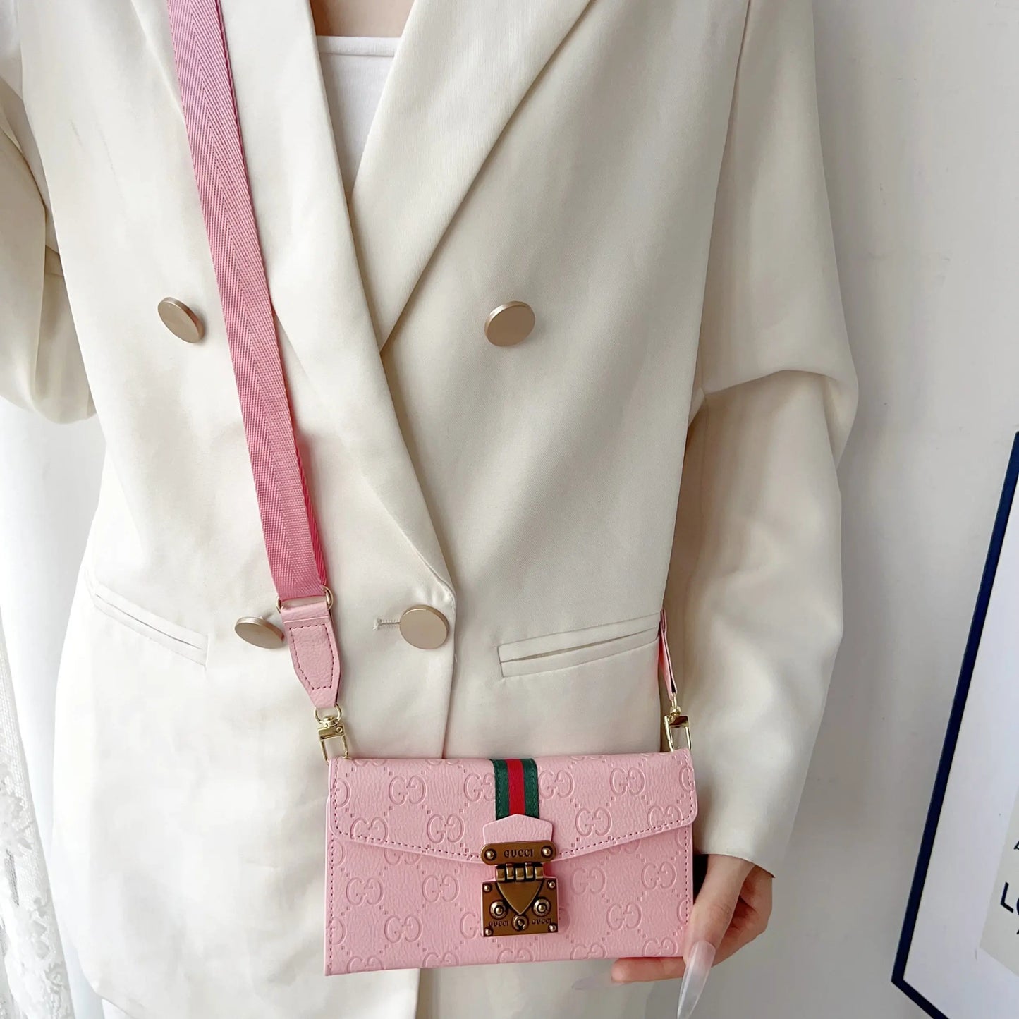 Luxury GG Plain Leather Crossbody Wallet Case For iPhone 13-17