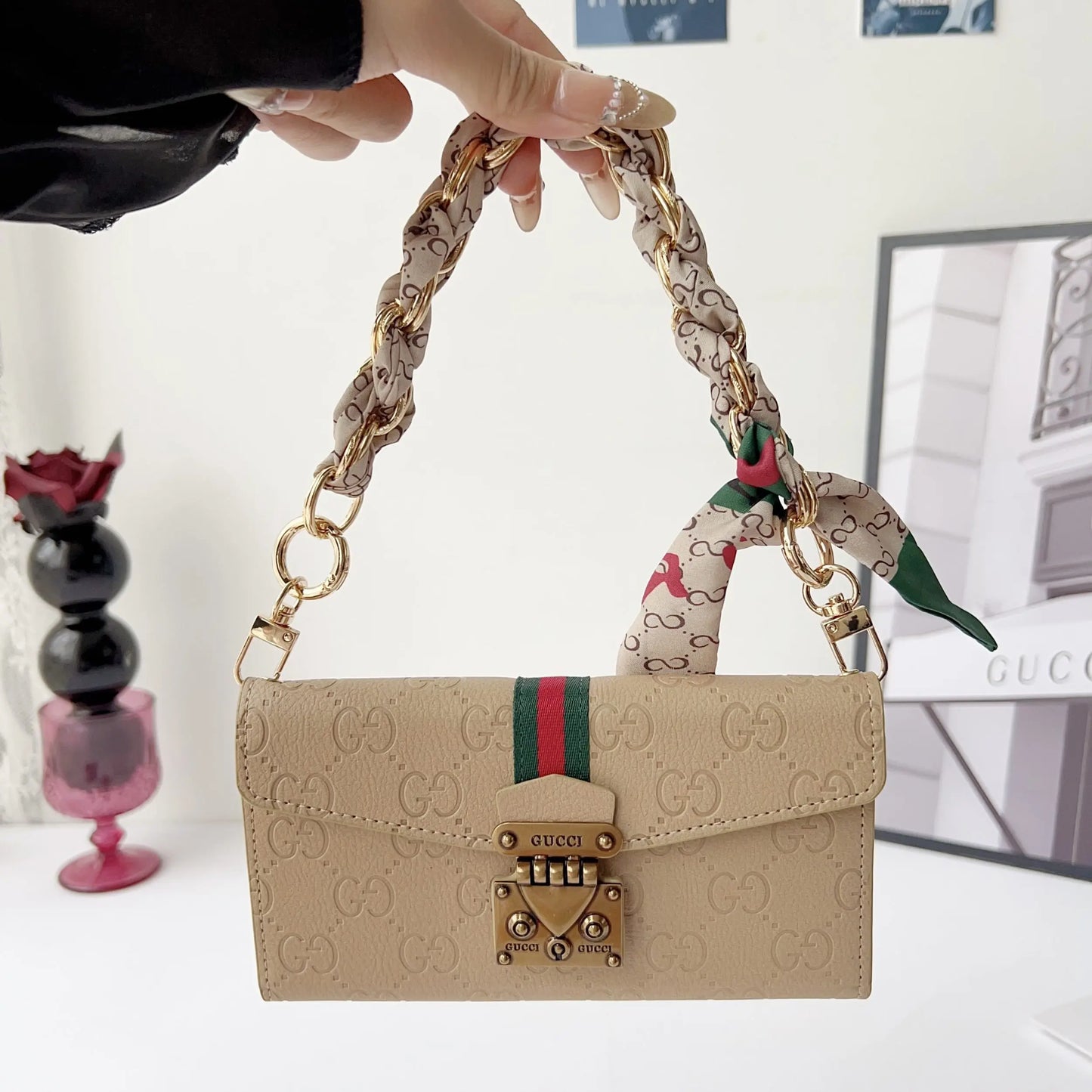 Luxury GG Plain Leather Crossbody Wallet Case For iPhone 13-17