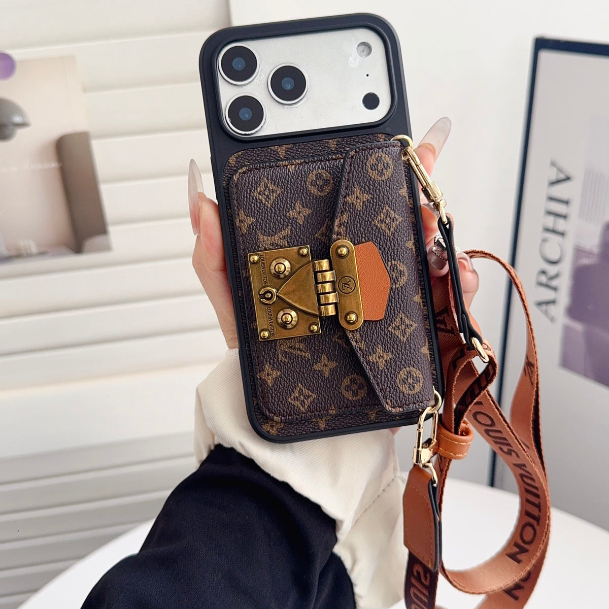 Luxury Louis Vuitton Phone Case with Card Holder and Strap 12-18 Pro & Pro Max