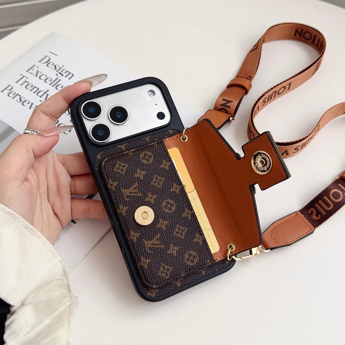 Luxury Louis Vuitton Phone Case with Card Holder and Strap 12-18 Pro & Pro Max