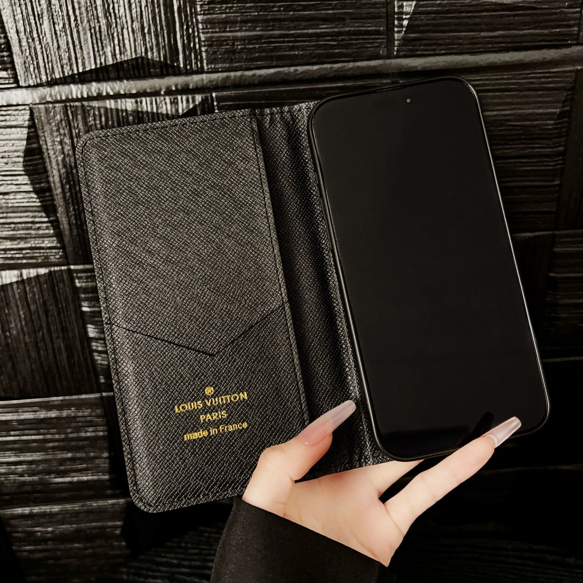 Premium Leather Folio Monogram Phone Case with Card Holder for iPhone 12-18 Pro & Pro Max