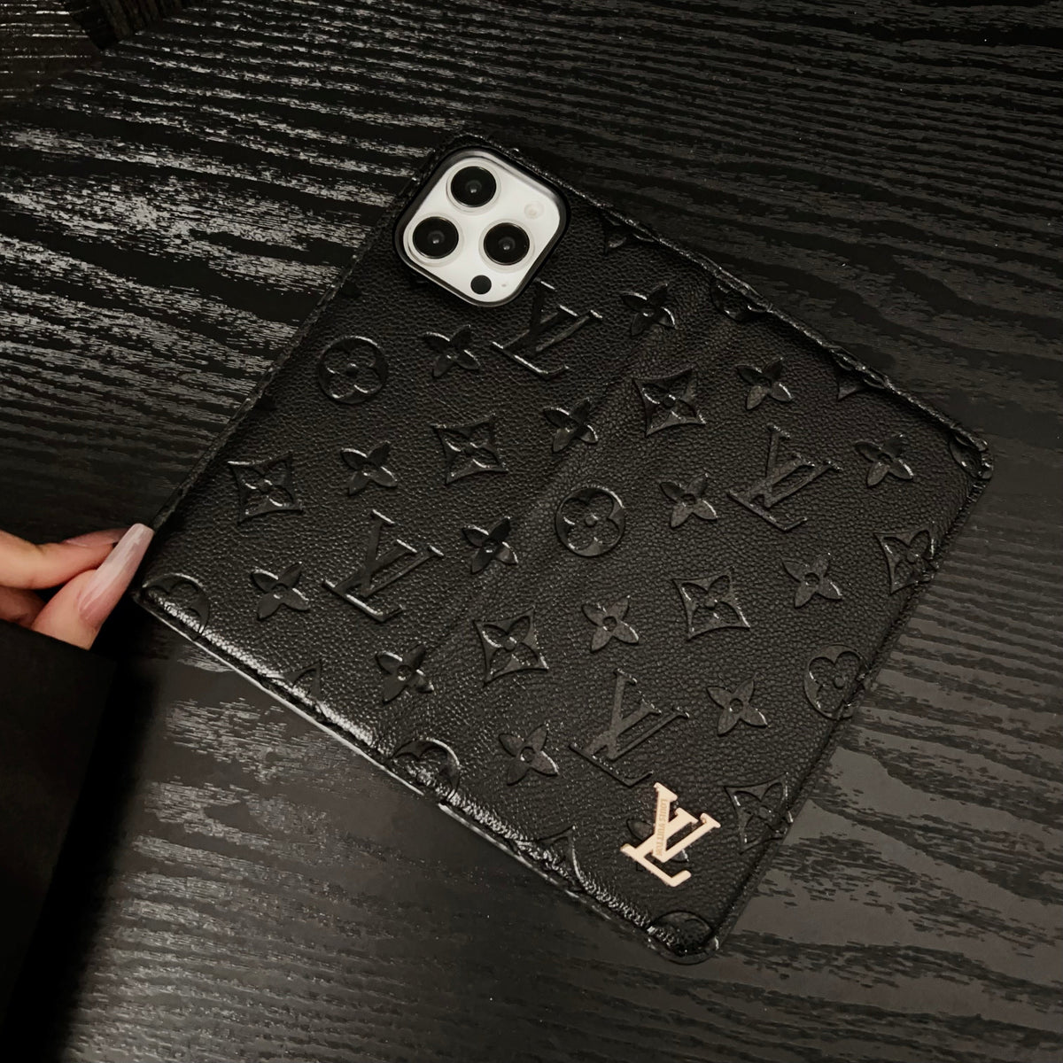 Premium Leather Folio Monogram Phone Case with Card Holder for iPhone 12-18 Pro & Pro Max