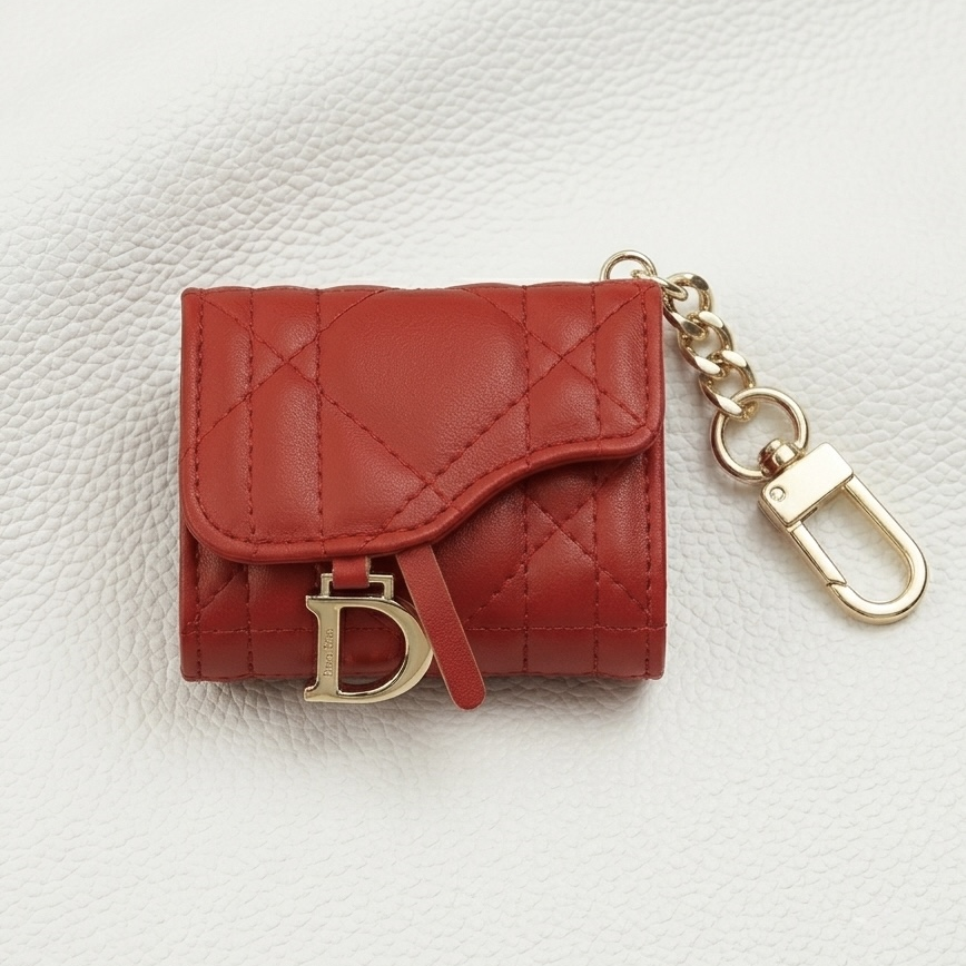 Dior Luxury Brick Red Leather AirPods Case with Gold Charm