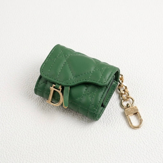 Dior Luxury Green Leather AirPods Case with Gold Charm