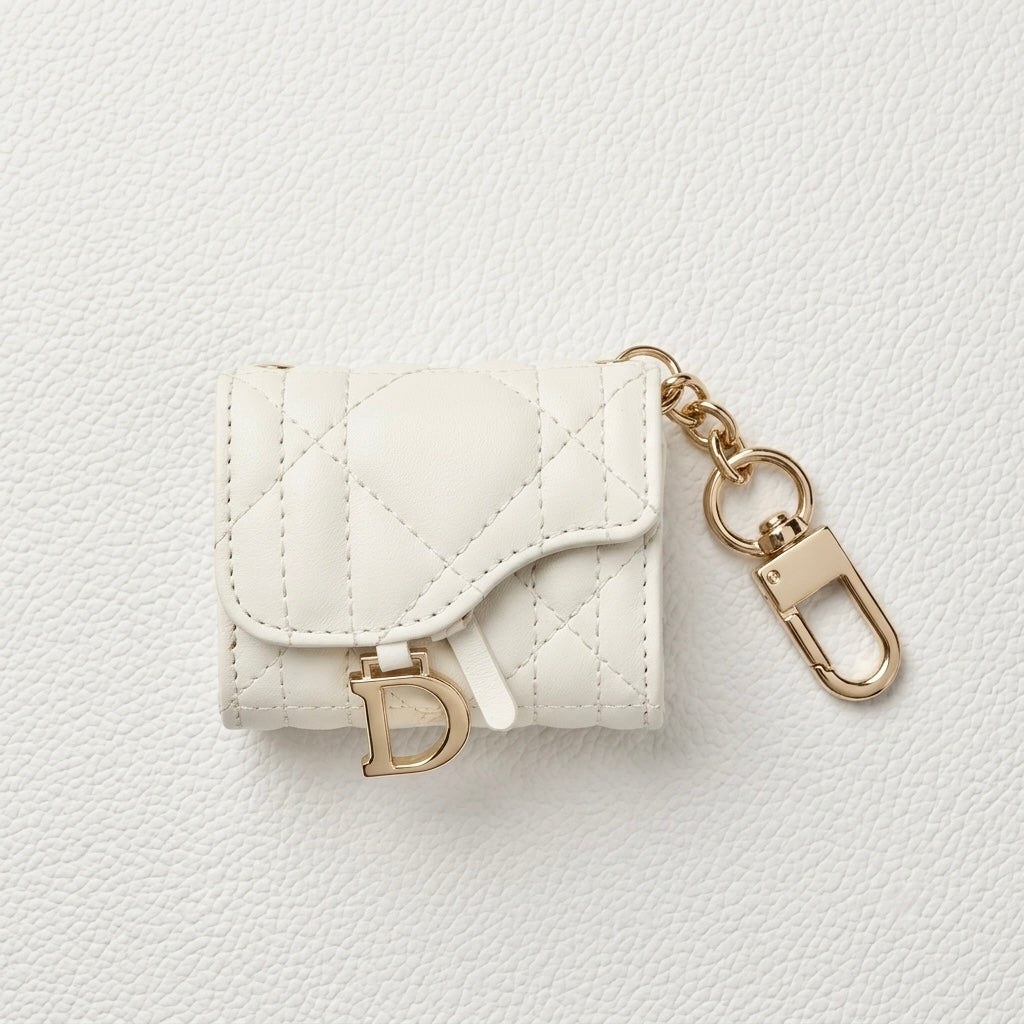 Dior Luxury White Leather AirPods Case with Gold Charm