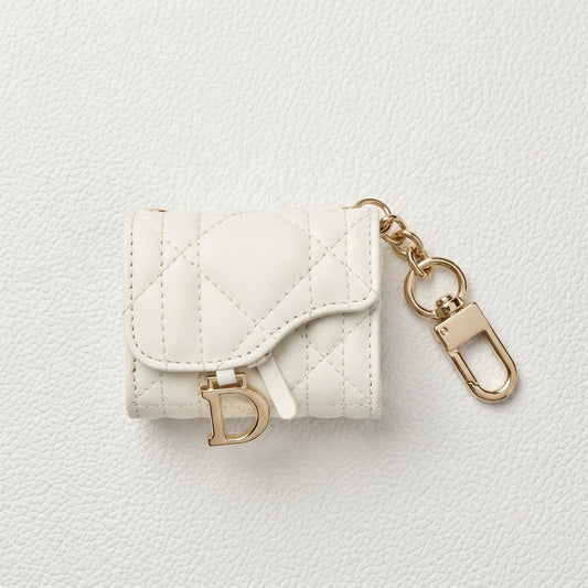 Dior Luxury White Leather AirPods Case with Gold Charm