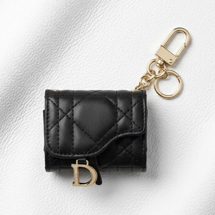 Dior Luxury Black Leather AirPods Case with Gold Charm