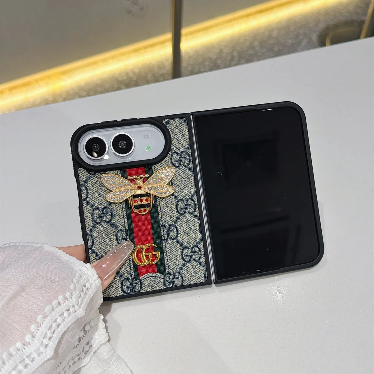 Luxury GG Monogram Bee Leather Case for iPhone Duo