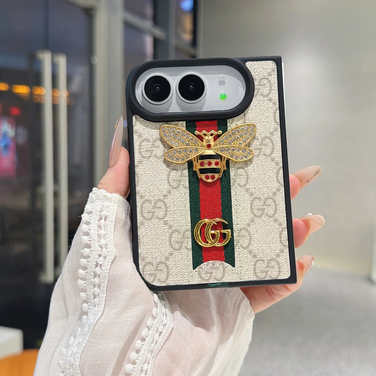 Luxury GG Monogram Bee Leather Case for iPhone Duo