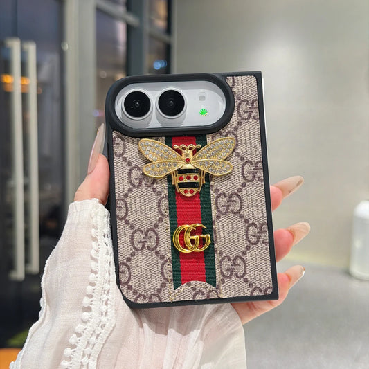Luxury GG Monogram Bee Leather Case for iPhone Duo