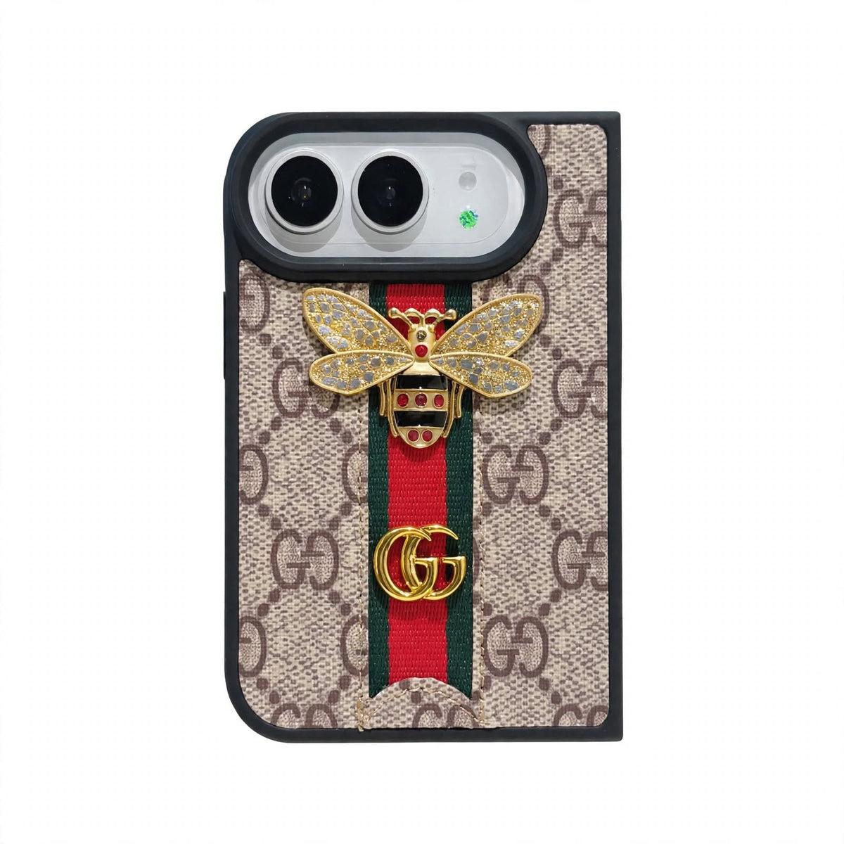 Luxury GG Monogram Bee Leather Case for iPhone Duo
