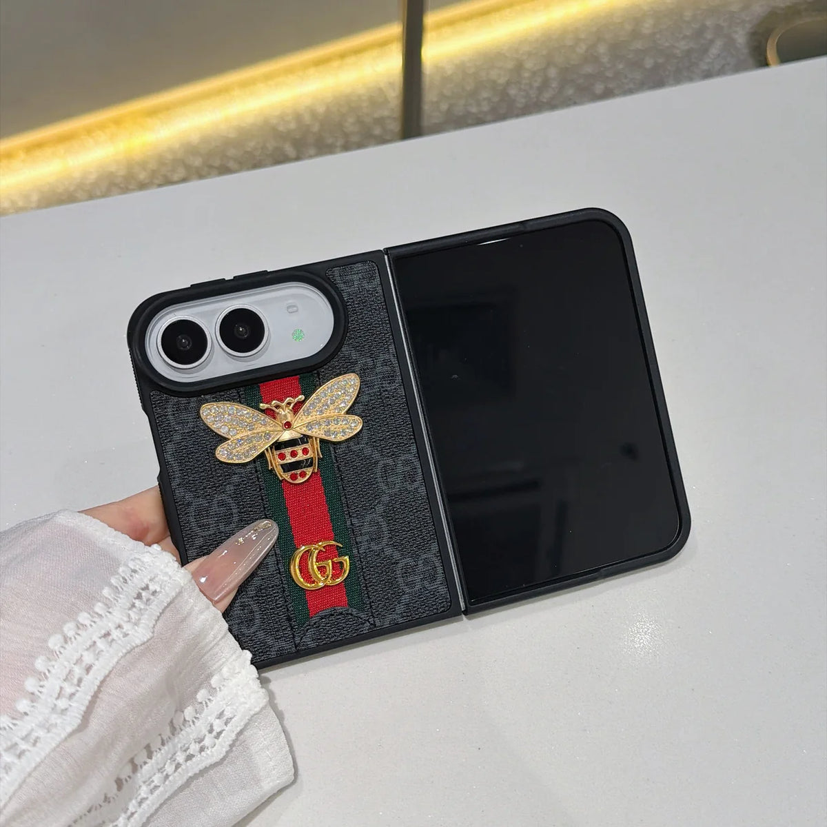 Luxury GG Monogram Bee Leather Case for iPhone Duo