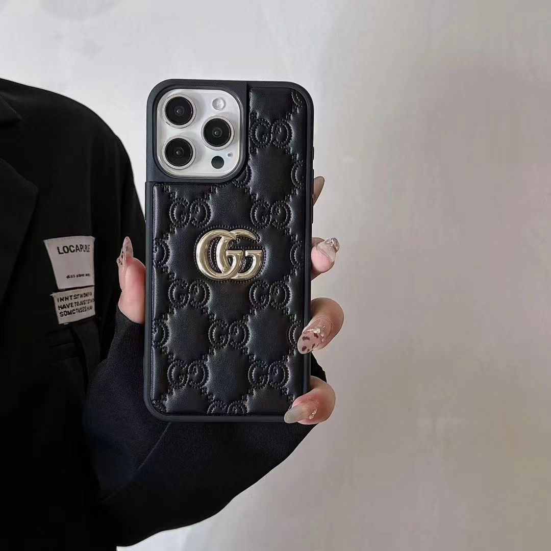 Luxury Stamped GG Leather iPhone Case for 13-17