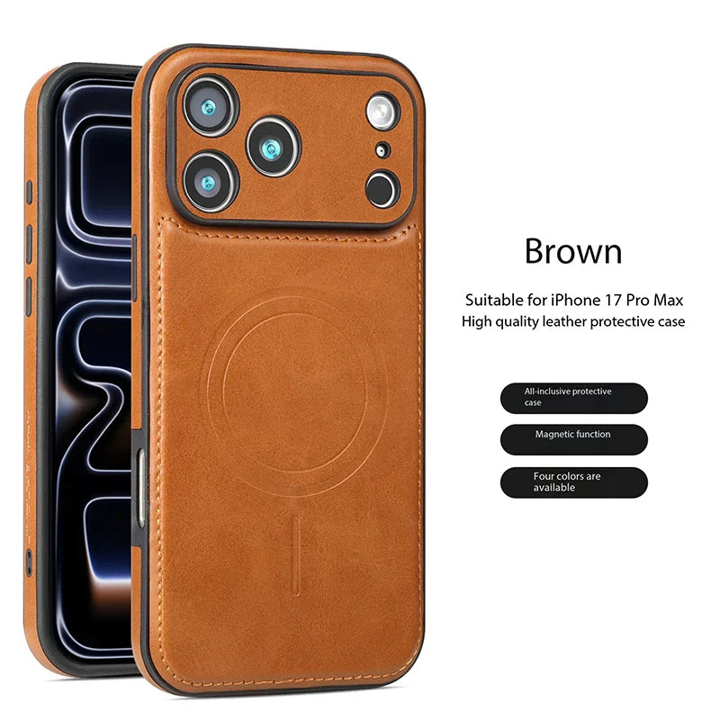 Luxury Strong Magnetic Leather Wireless Shockproof MagSafe Cover Phone Case For iPhone 17 / 16 / 15 / 14