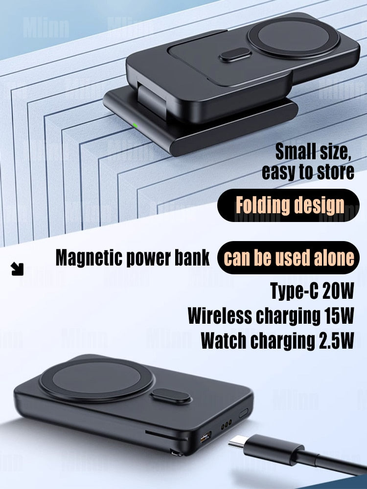 MacSafe 3 in 1 Magnetic Power Bank Wireless Charging Station 5000mAh External Auxiliary Battery For iPhone 14/13/12 Apple Watch