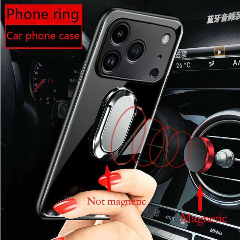 Magnet Ring Holder Tempered Glass Case for Iphone 17 16 15