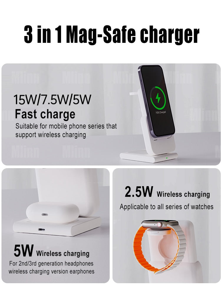 MacSafe 3 in 1 Magnetic Power Bank Wireless Charging Station 5000mAh External Auxiliary Battery For iPhone 14/13/12 Apple Watch