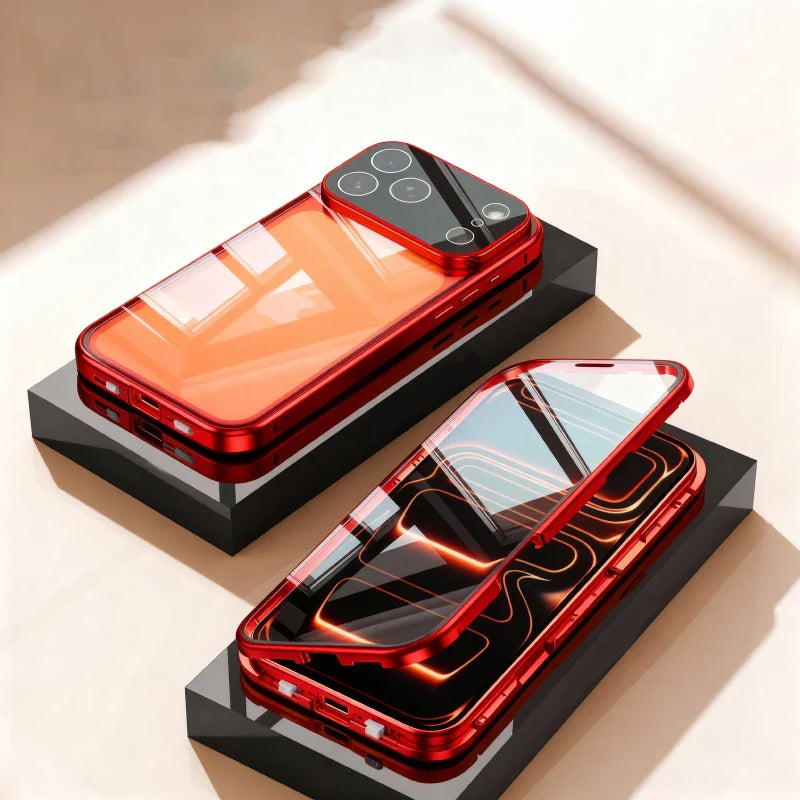 360 ° Full Protection Metal Magnetic Double-Sided Glass Snap Lock Phone Case For iPhone 17 / 16 / 15 / 14