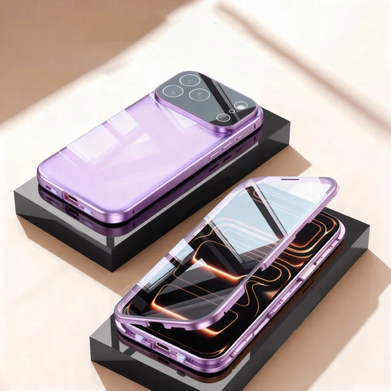 360 ° Full Protection Metal Magnetic Double-Sided Glass Snap Lock Phone Case For iPhone 17 / 16 / 15 / 14
