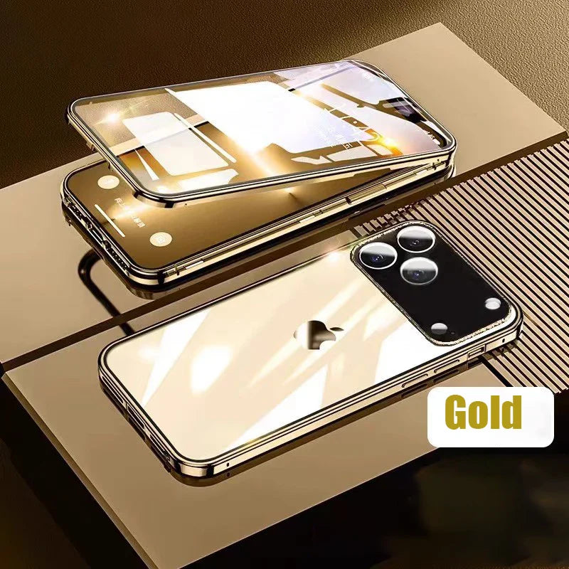 360 ° Full Protection Metal Magnetic Double-Sided Glass Snap Lock Phone Case For iPhone 17 / 16 / 15 / 14