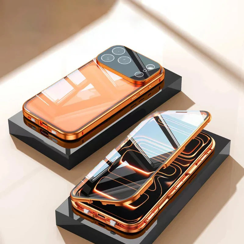 360 ° Full Protection Metal Magnetic Double-Sided Glass Snap Lock Phone Case For iPhone 17 / 16 / 15 / 14