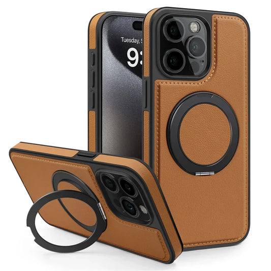 Magnetic Leather Case with 360 Degree Rotating Metal Ring Holder for iPhone 16 15 14