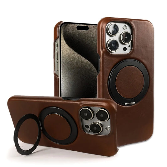 Luxury Genuine Leather Case with 360 Degree Rotating Magnetic Holder for iPhone 16 15 14