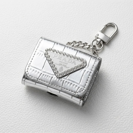 Luxury Prada Leather AirPods Case Silver with Emblem & Keychain