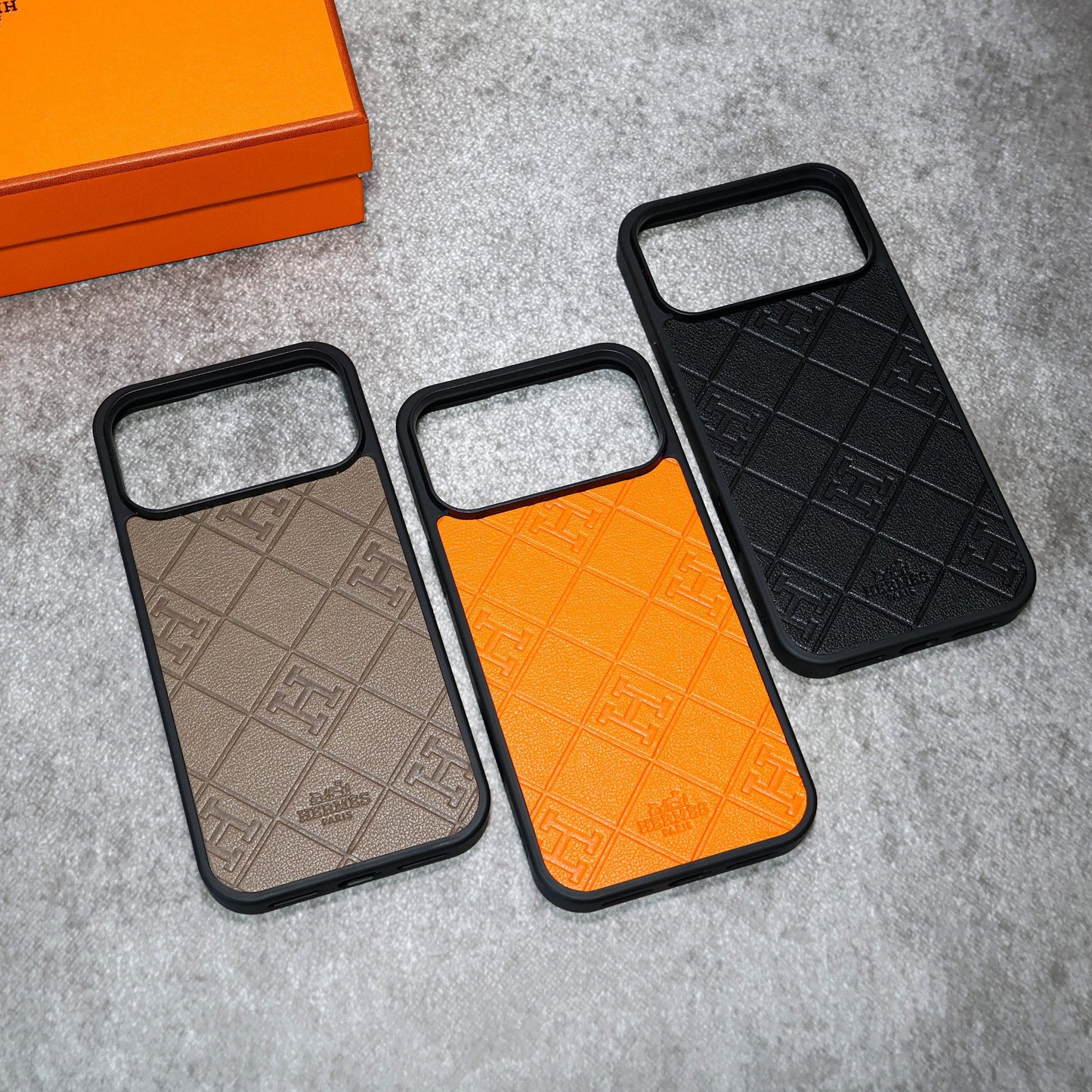 Stamped Leather H Phone Case  For iPhone 17 / 16 / 15 / 14