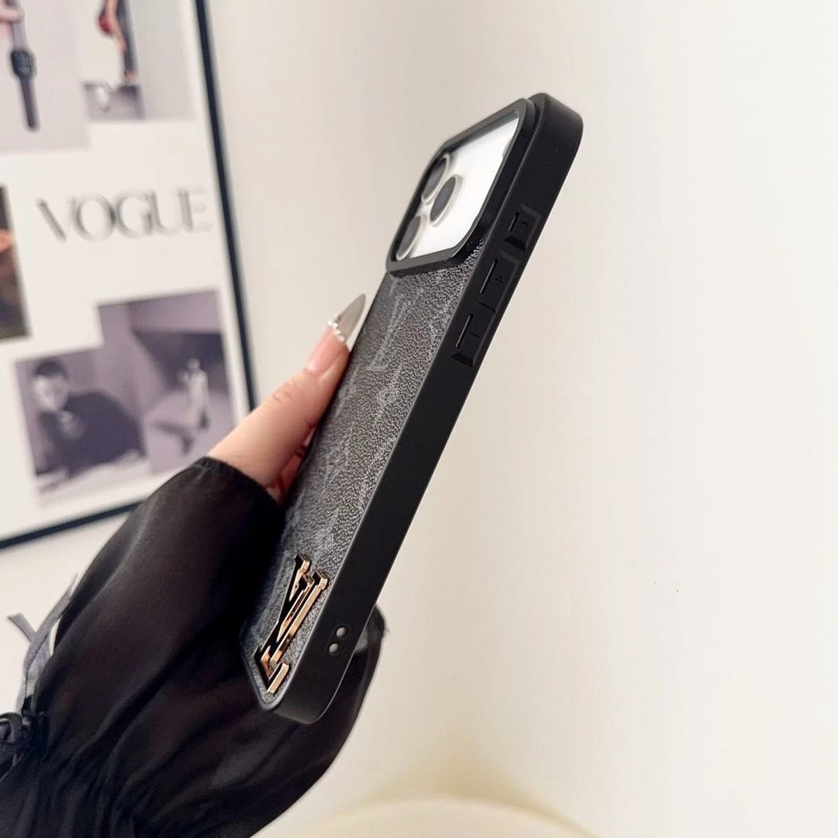 Luxury Brand Leather with Black Logo Phone Case for iPhone 13-17