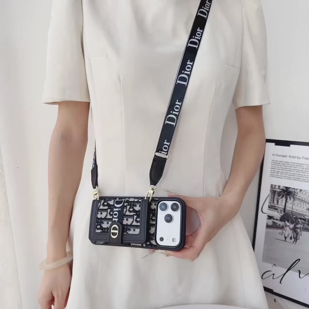 Dior Leather iPhone Case With Card Wallet And Strap For iPhone 17 / 16 / 15 / 14