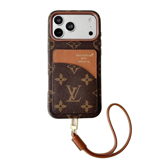 Luxury Monogram Cardholder Phone Case with Lanyard Strap For iPhone 13-18 Pro & Pro Max