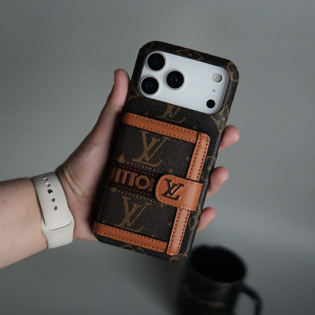 Luxury Embroidered Case with Card Holder & Strap for iPhone 13–18 Pro Max
