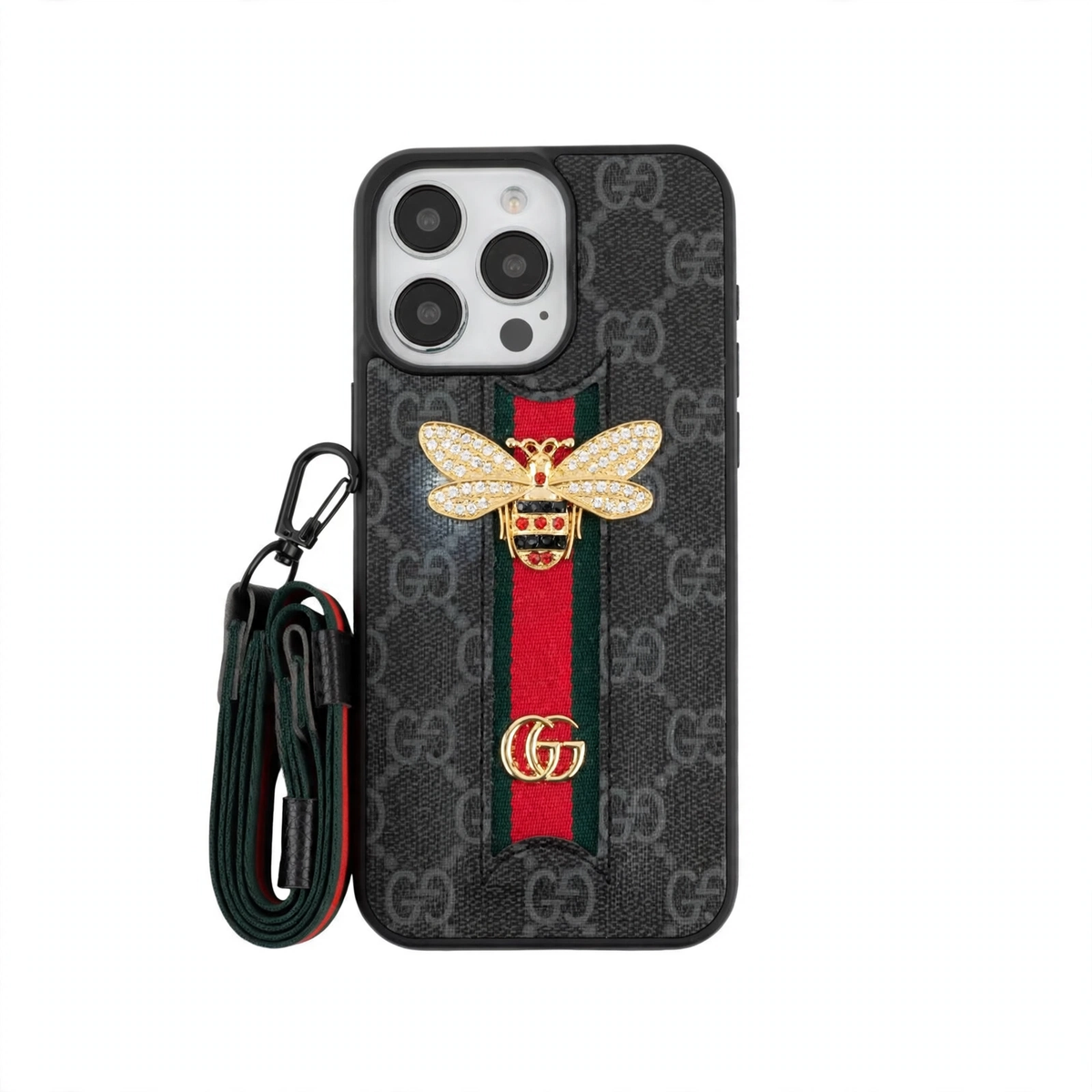 GG 3D Monogram Case with Cord & Ribbon Strap for iPhone 12-18 Pro & Pro Max
