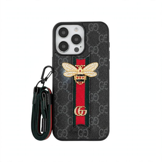 GG 3D Monogram Case with Cord & Ribbon Strap for iPhone 12-18 Pro & Pro Max