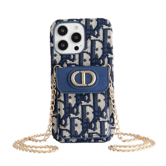 Dior Luxury iPhone Case with Chain, Card Slot, and Metal Logo for iPhone 12-18 Pro & Pro Max