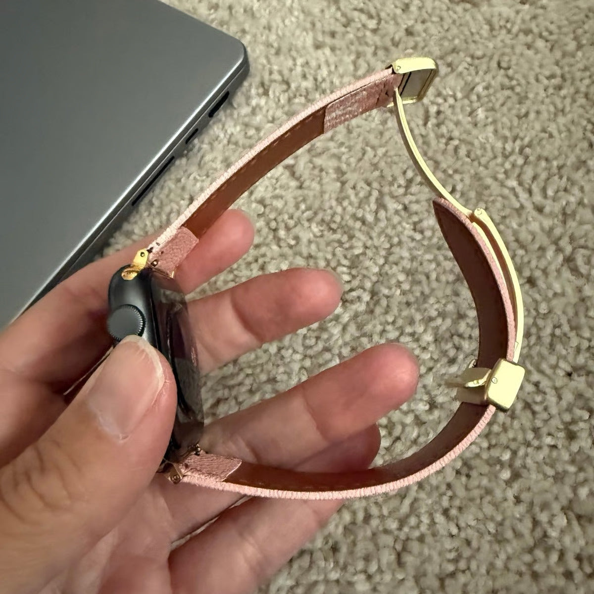 PINK LEATHER CANVAS LUXURY APPLE WATCH STRAP Roxy New 2