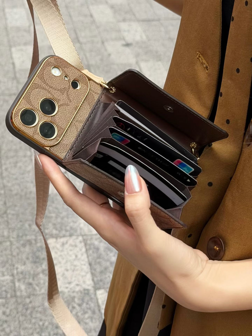 Premium Leather Coach Phone Case with Wallet and Strap For iPhone 12-18 Series