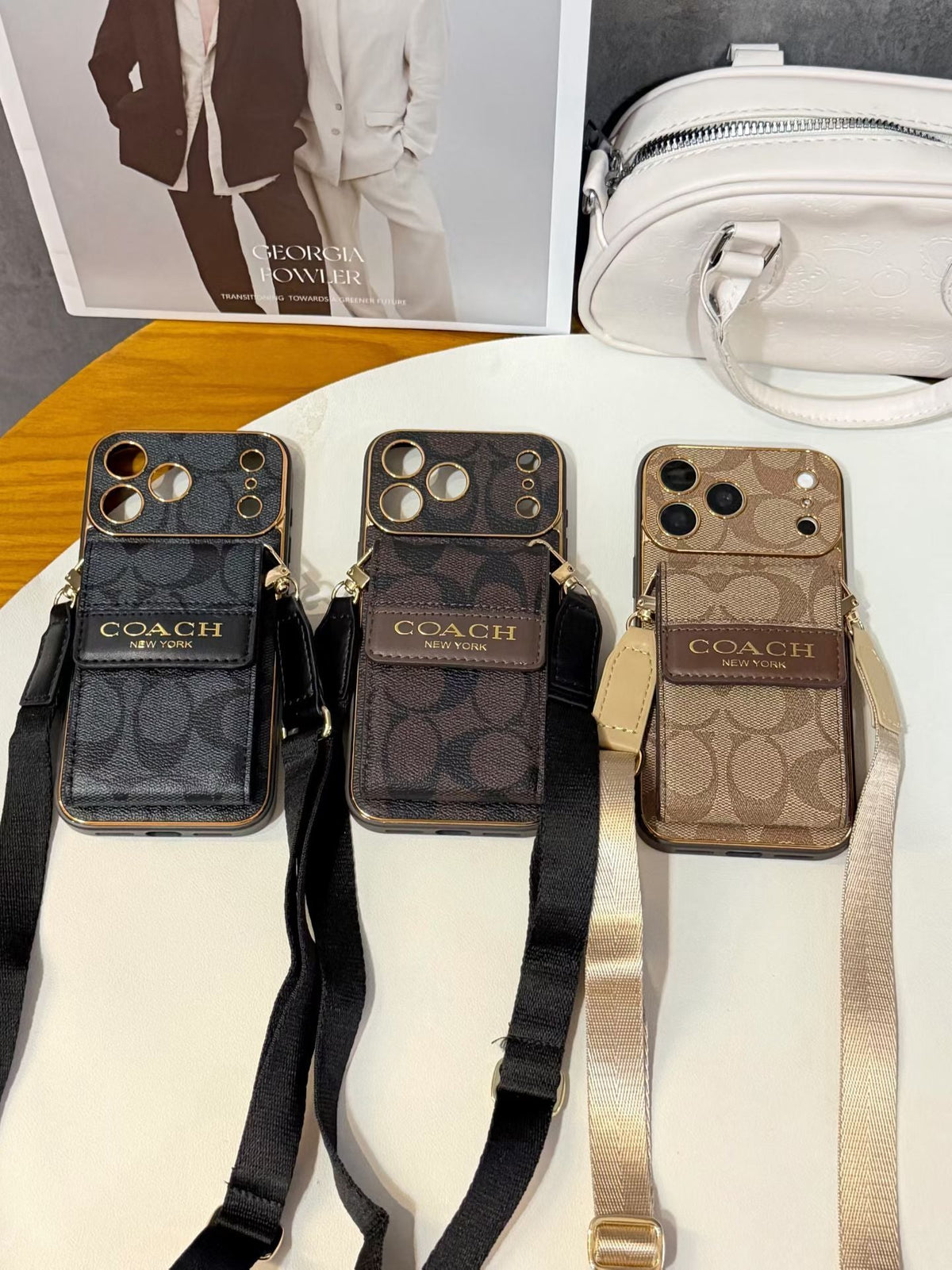 Luxury Leather Coach iPhone Case with Card Holder and Strap For iPhone 12-18 Series