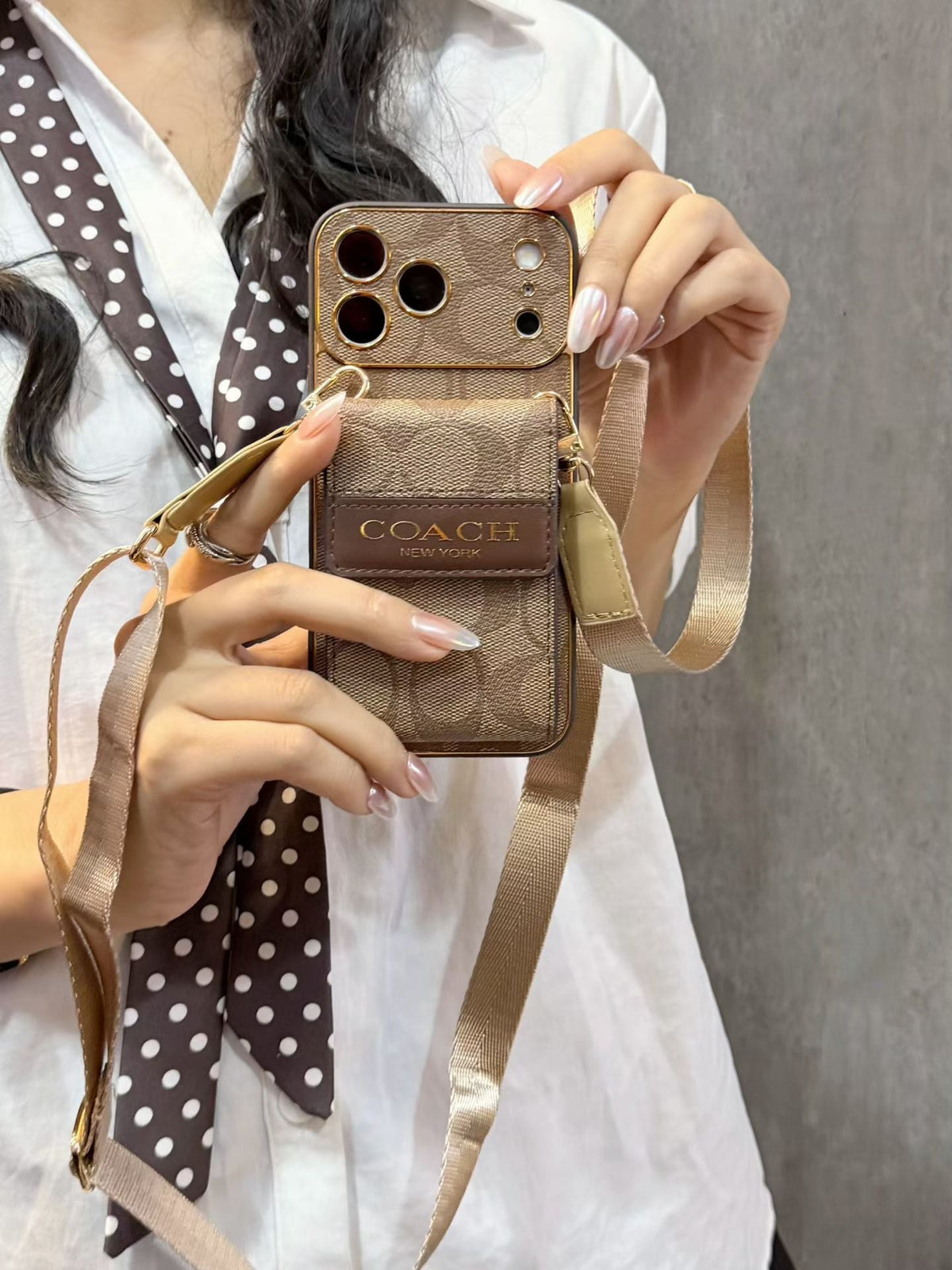 Luxury Leather Coach iPhone Case with Card Holder and Strap For iPhone 12-18 Series