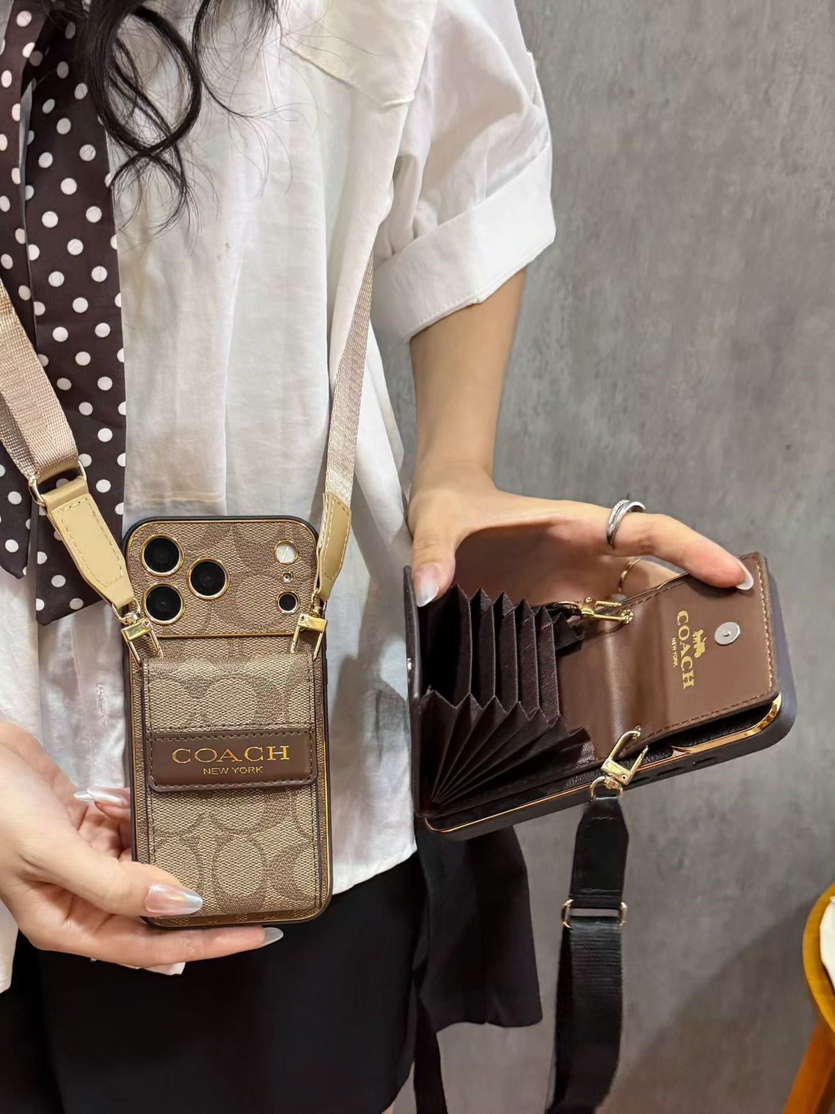 Luxury Leather Coach iPhone Case with Card Holder and Strap For iPhone 12-18 Series