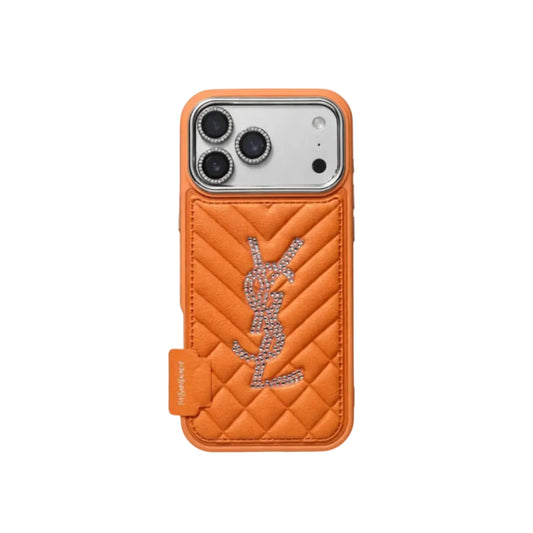 Luxury Rhinestone YSL Quilted Leather Phone Case For iPhone 13-18 Pro & Pro Max