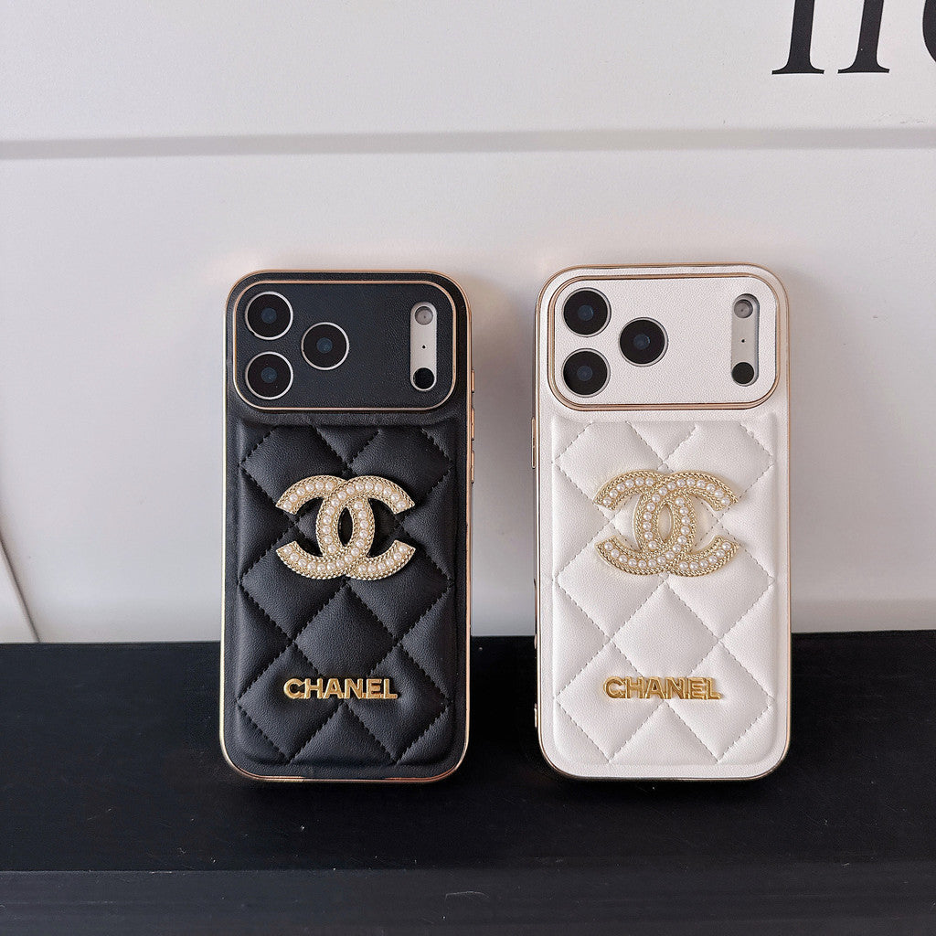Leather Chanel Phone Case Diamond Logo with Gold Label For iPhone 17/ 16 /15 / 14
