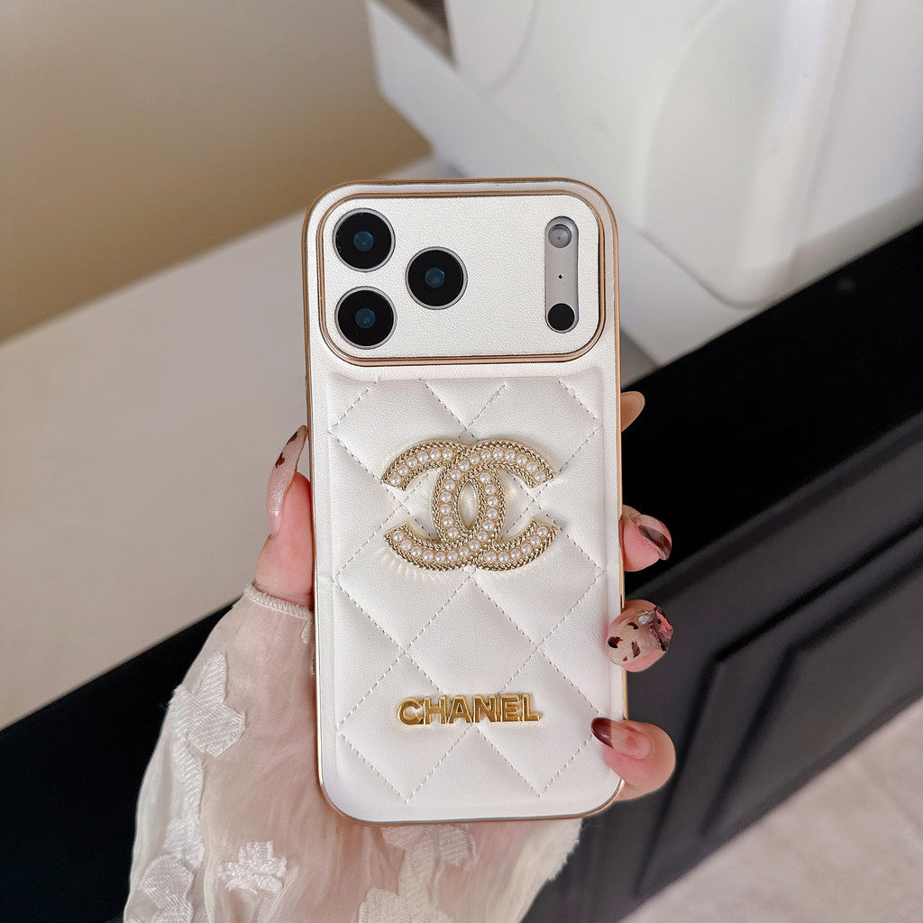 Leather Chanel Phone Case Diamond Logo with Gold Label For iPhone 17/ 16 /15 / 14