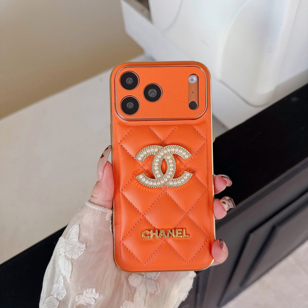 Leather Chanel Phone Case Diamond Logo with Gold Label For iPhone 12-18 Pro & Pro Max