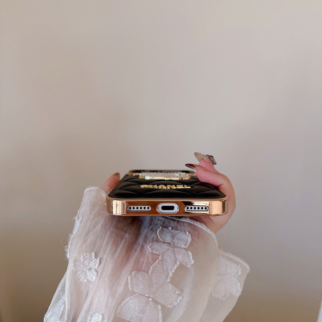 Leather Chanel Phone Case Diamond Logo with Gold Label For iPhone 17/ 16 /15 / 14