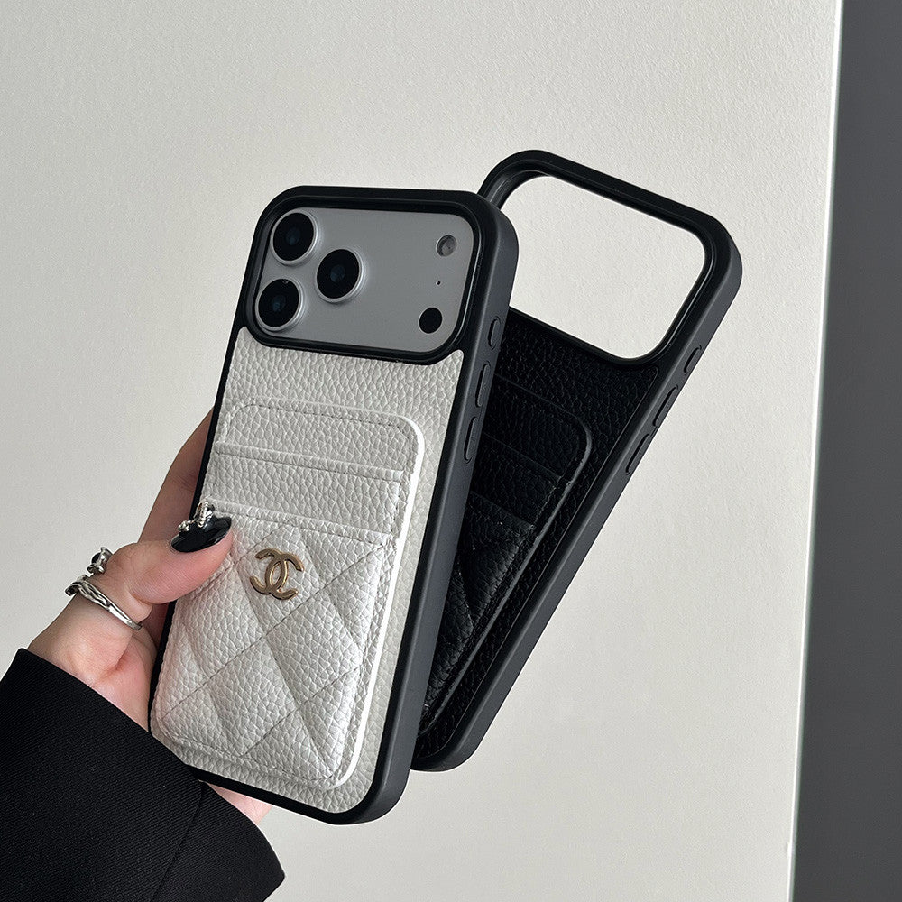 Leather Phone Case and Two Card Slots with Gold Label For iPhone 17/ 16 /15 / 14