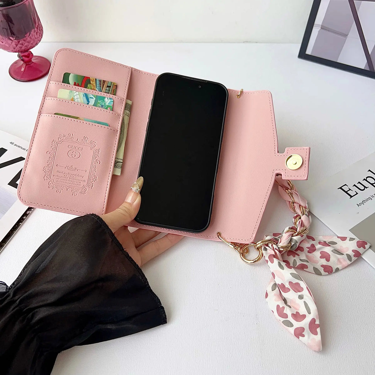 Leather Wallet with Scarf Strap For iPhone 12-18 Pro & Pro Max